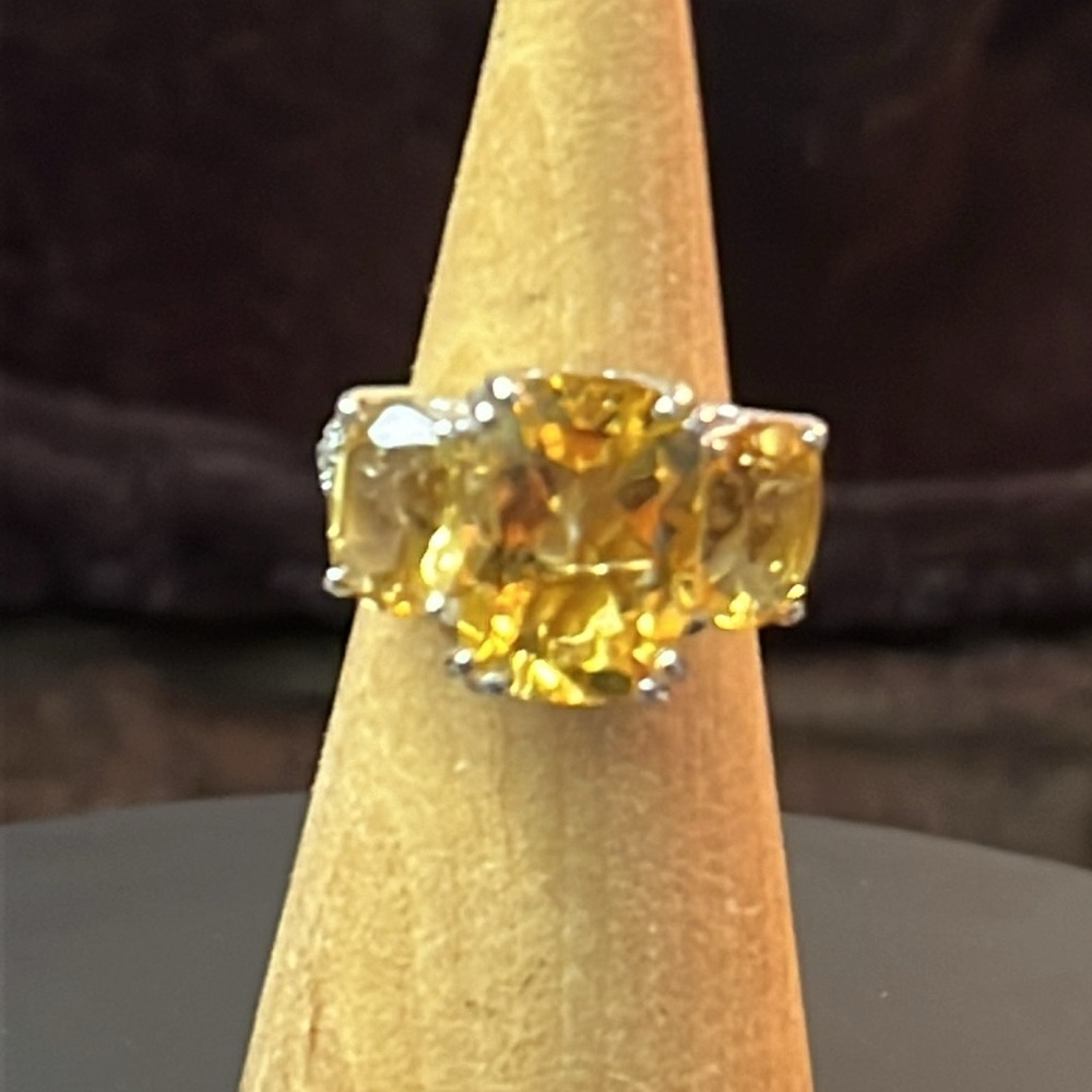 BRAZILIAN CITRINE WHITE ZIRCON TRILOGY RING PLATINUM/ STERLING SILVER 6